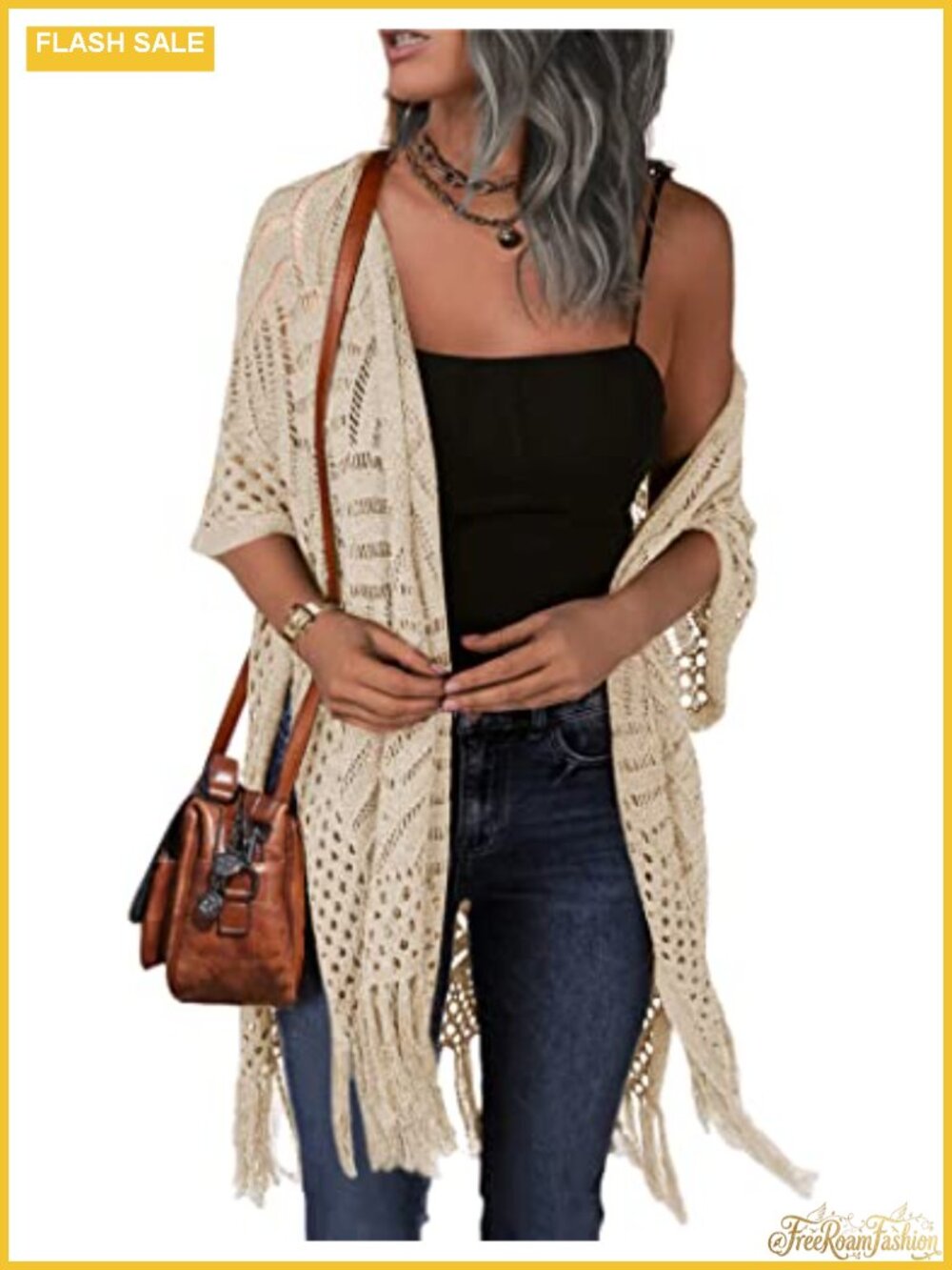 Womens Knit Cardigan Hollow Out Crochet Lightweight Open Front Tassel Boho